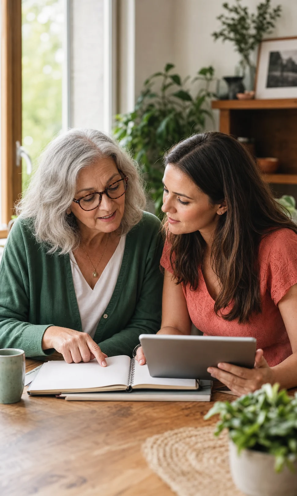 A mother and daughter reviewing a care notebook and tablet together at home